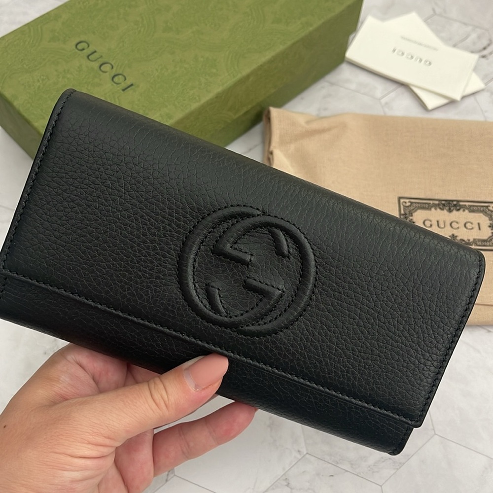 $1,150 New, Authentic GUCCI Black Leather Large Wallet Clutch GG Logo Soho